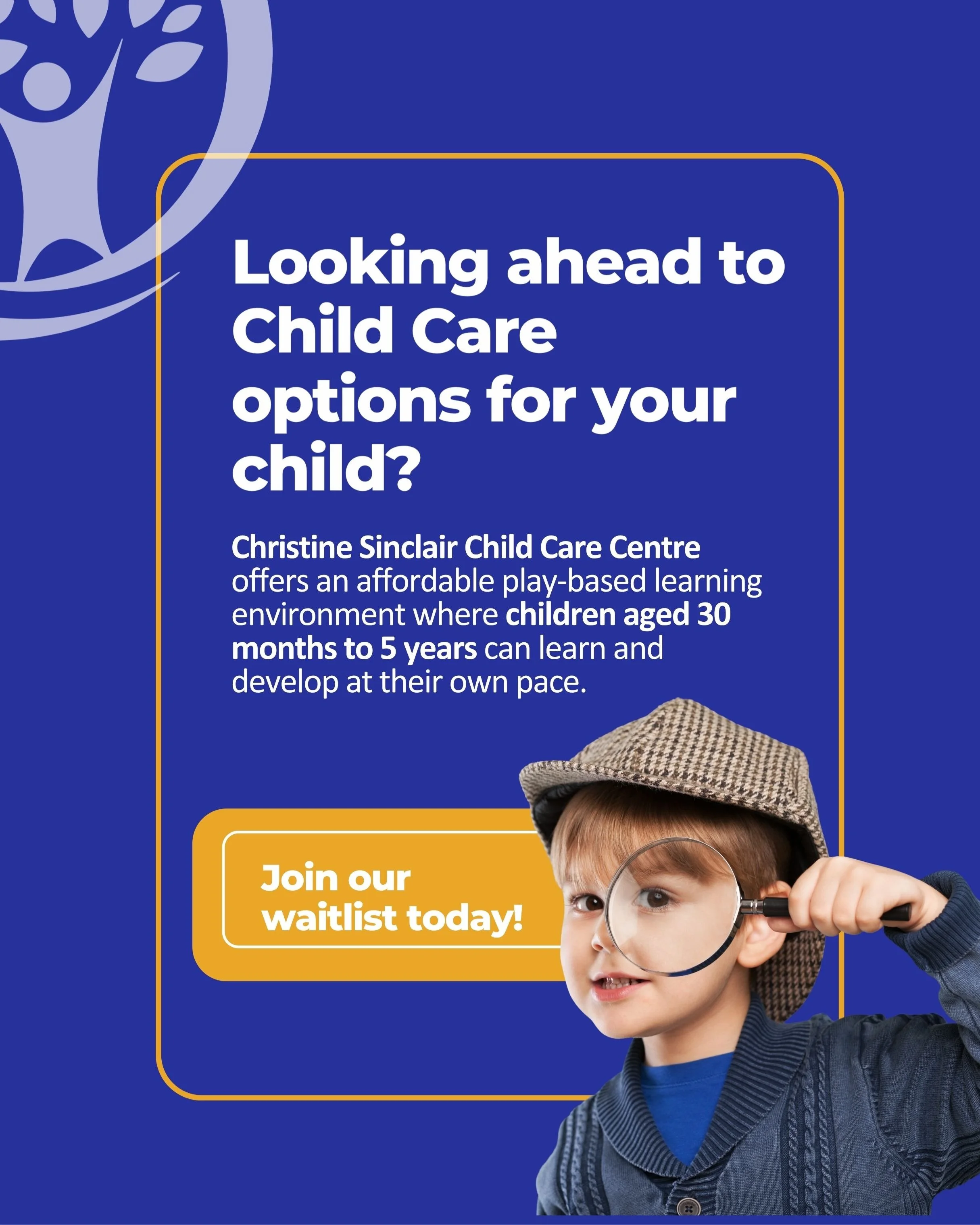 Christine Sinclair Child Care Centre offers a warm, play-based learning environment where children can explore, learn, and grow at their own pace. 

Conveniently located, the centre provides affordable, full-time child care Monday to Friday from 7:30