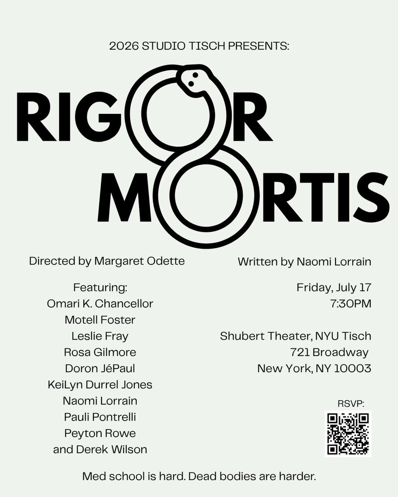 You&rsquo;re cordially invited to a reading of my teleplay, RIGOR MORTIS at Studio Tisch Friday, July 17 at 7:30. Link to RSVP in bio. Limited availability.

Ella has just embarked on her first year of medical school, where she and her gross anatomy 