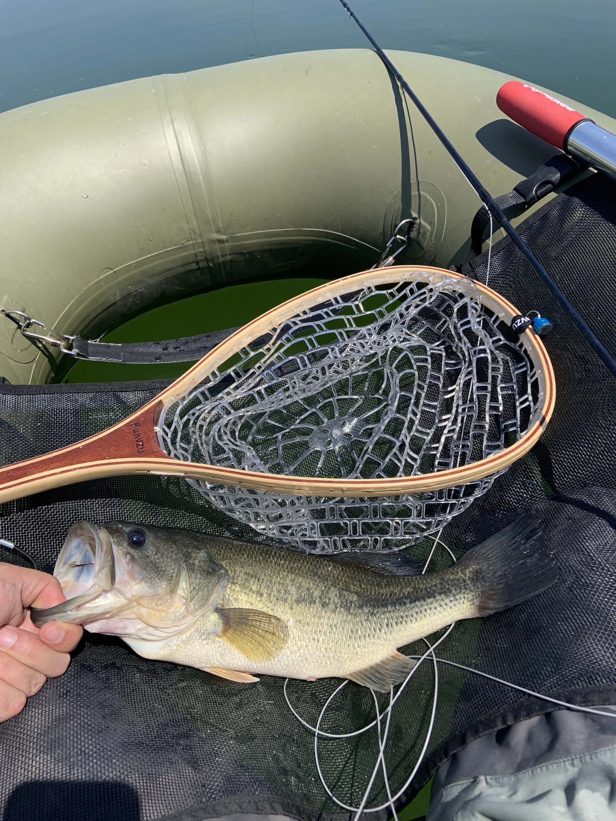 Person holding a largemouth bass on a fishing raft with a net and fishing rod.