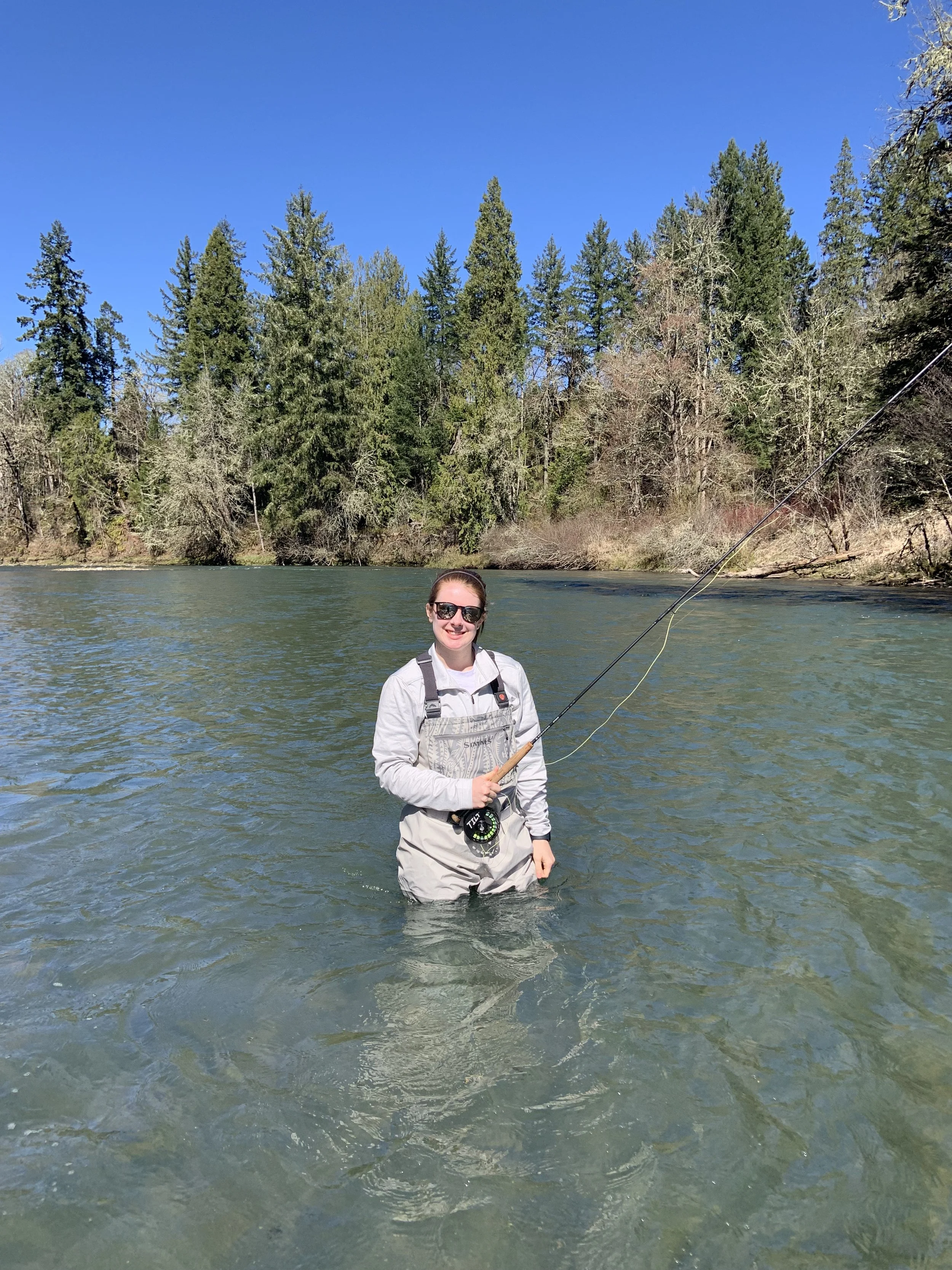 Person fly fishing in a river, wearing waders, with a wooded forest in the background.
