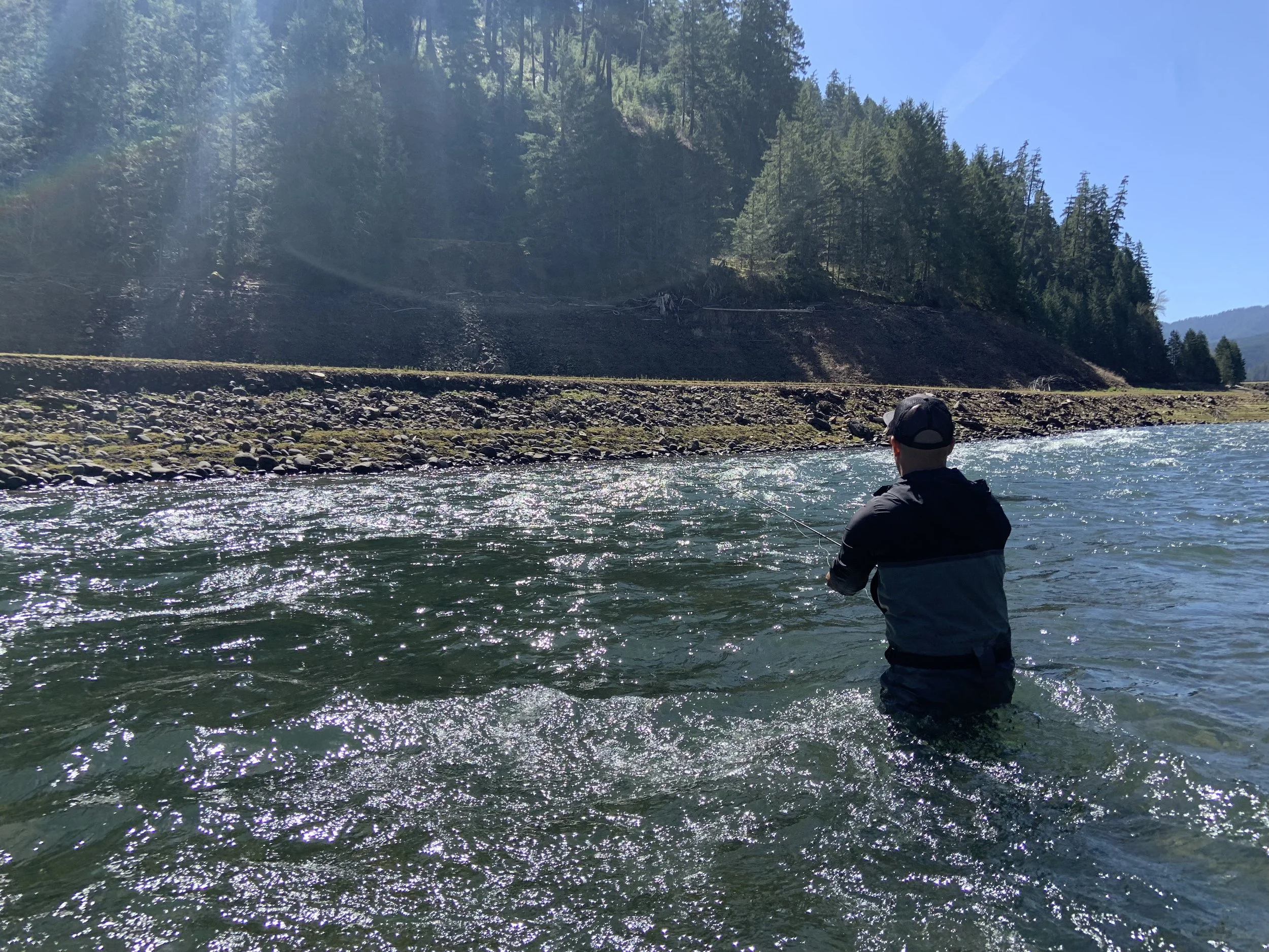 Person fly fishing in a river surrounded by forested hills