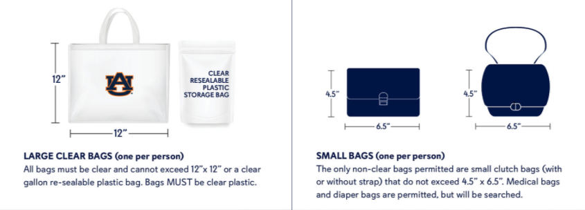 Image of LARGE CLEAR BAGS: One clear bag or tote that does not exceed 12" x 6" x 12" per person.  SMALL CLUTCH BAGS: One small clutch bag or purse that does not exceed 4 1/2" x 6 1/2" per person. Small bags must not be larger than 4 1/2" x 6 1/2".