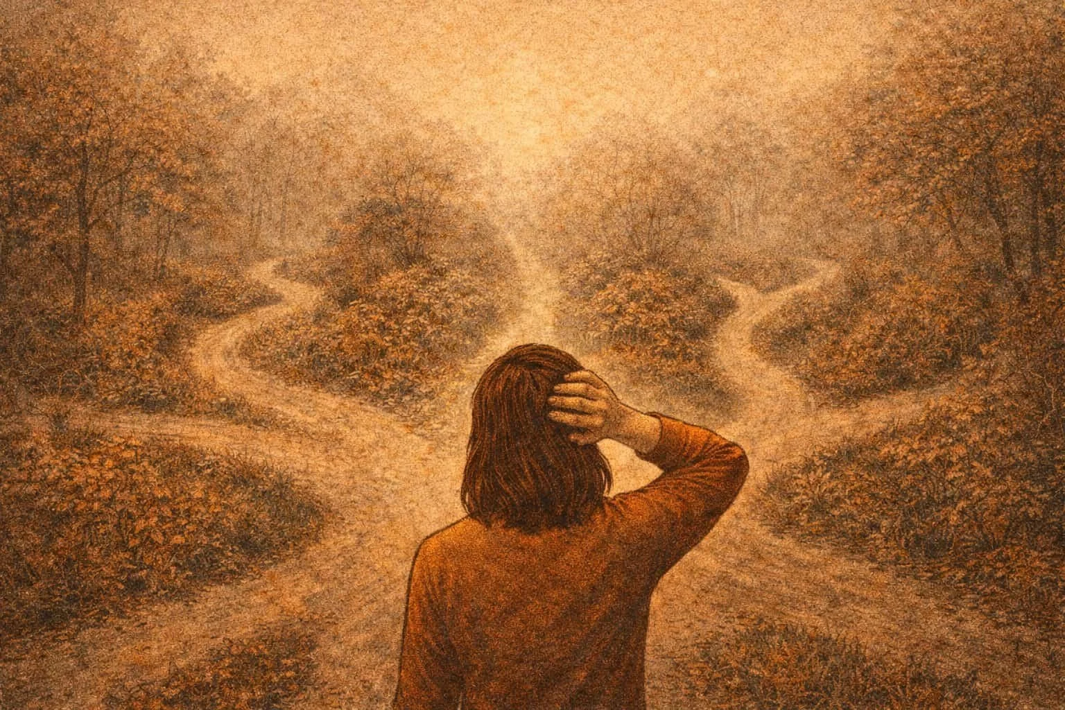 A person stands at a fork in a forest path, appearing to contemplate which way to go.