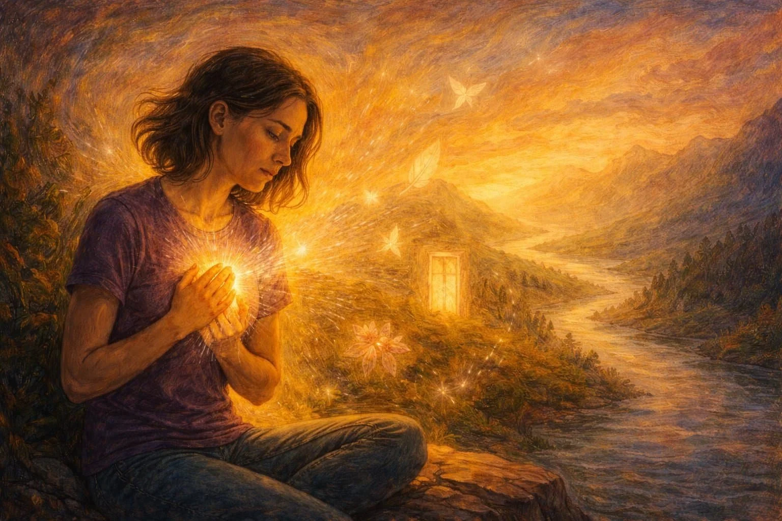 A woman sits on a cliff, holding her glowing chest as golden light radiates outward over a mountainous river landscape.