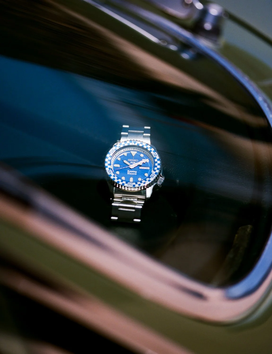 Seiko x Rowing Blazers racing watch detail, photography by Daeja Fallas for Esquire UK.