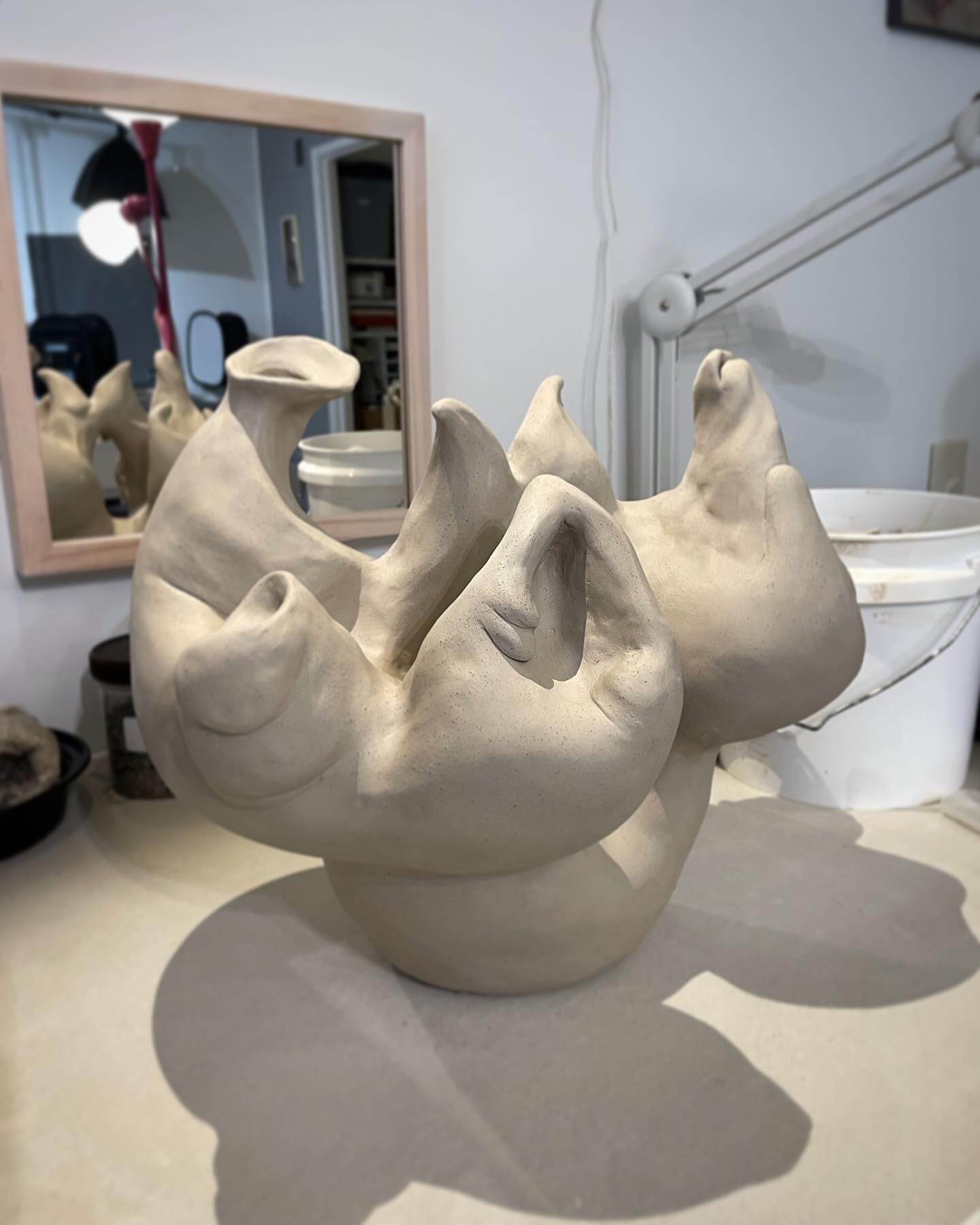 Sculpture work-in-progress. This first stage is basically done and now needs to dry slowly for a week or two before firing. Larger than recent work, maybe 15&rdquo; tall though it&rsquo;ll shrink in the kiln.