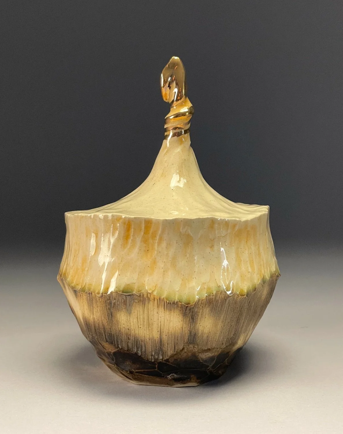 Pinched Pot
Stoneware, oxide, gold luster
6" x 4" x 4.175"
2023/2025