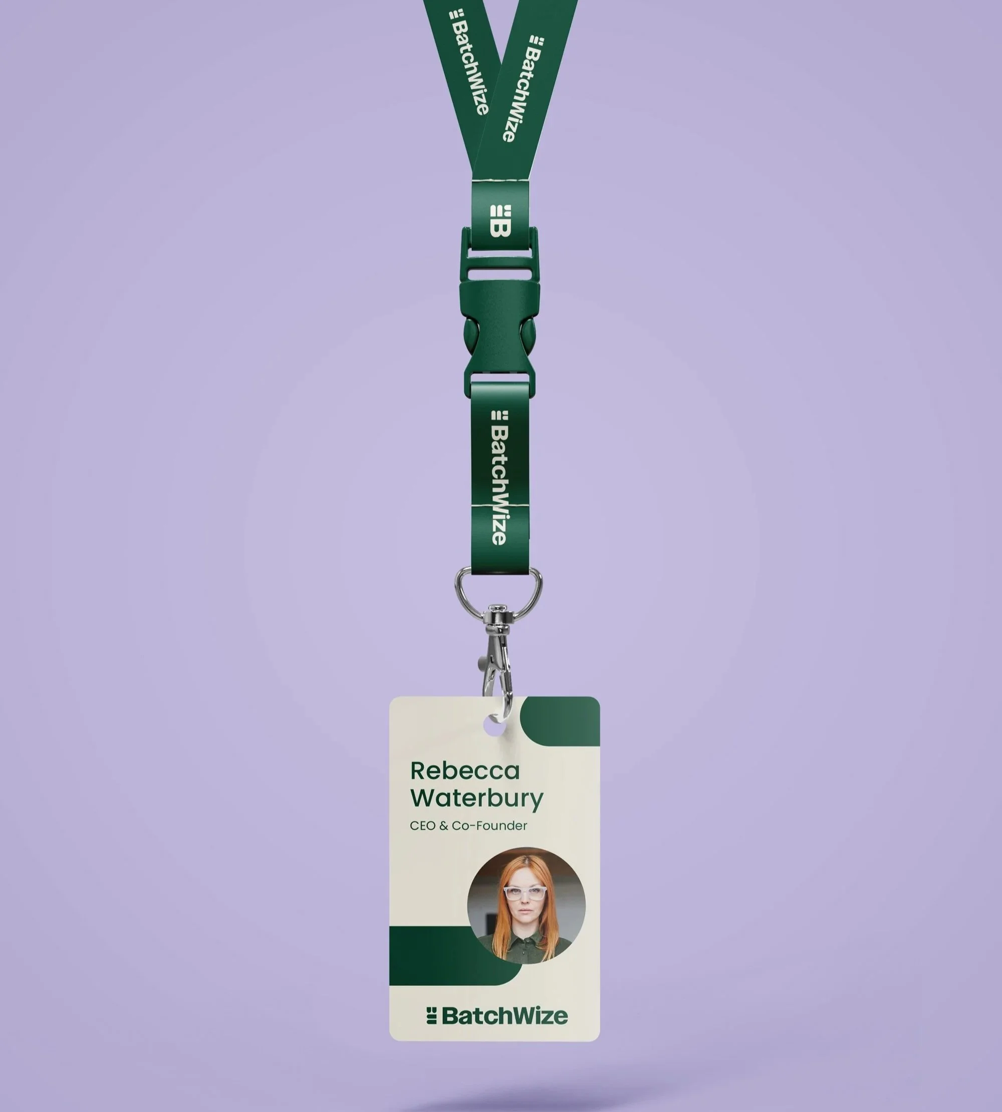 Green lanyard with BatchWize logo and a name badge for Rebecca Waterbury, CEO & Co-Founder, with her photo attached.