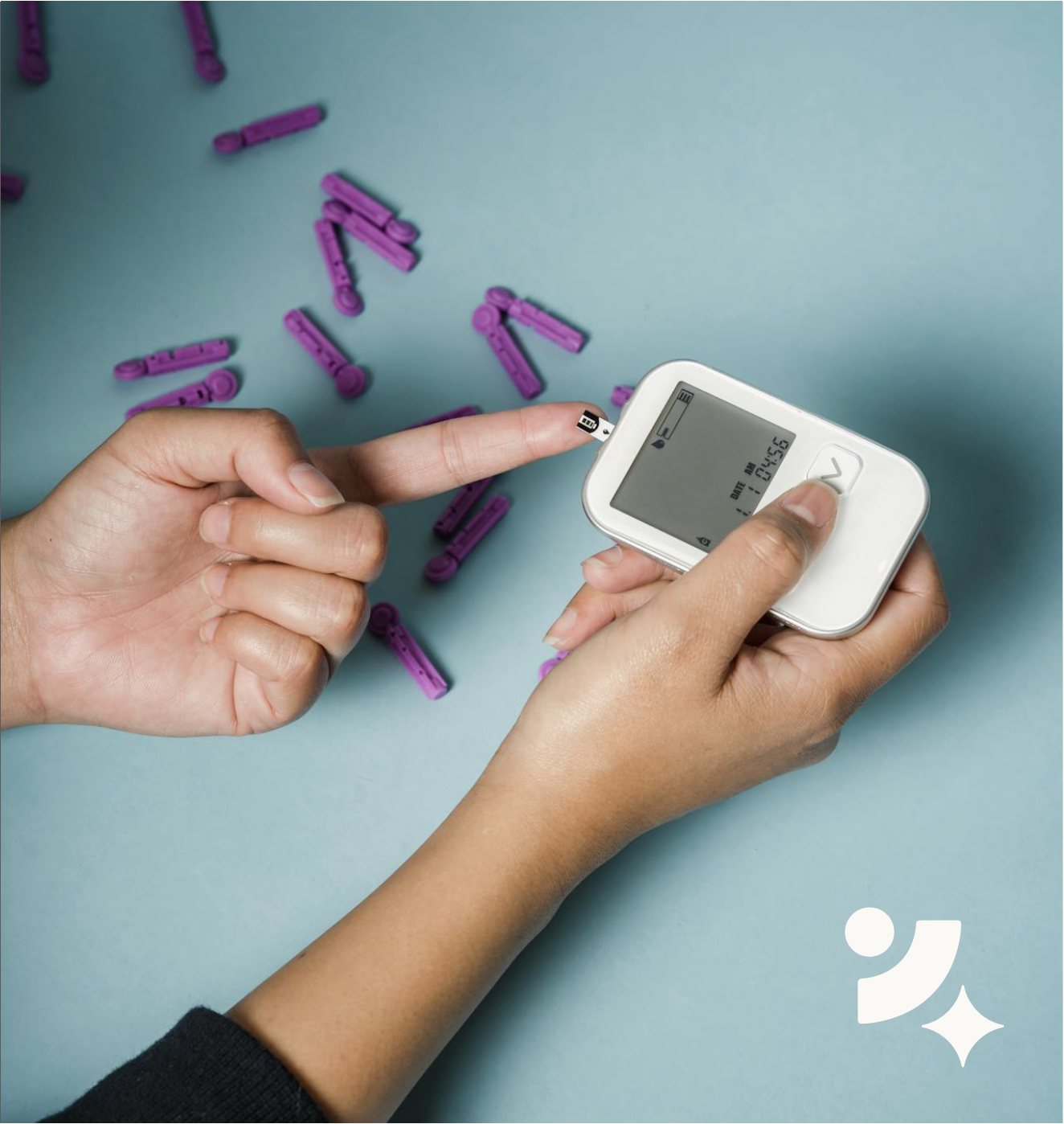 Up close shot of a person pricking their finger for blood drawl with the Sparq Compliance brandmark