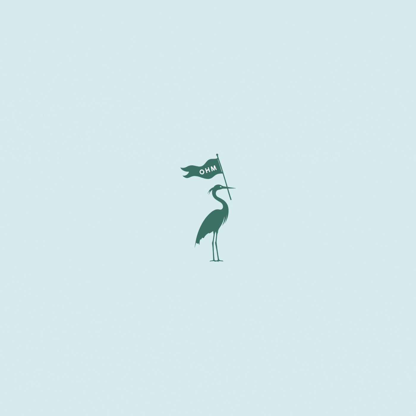 Illustration of a heron holding a flag with "OHM" written on it.