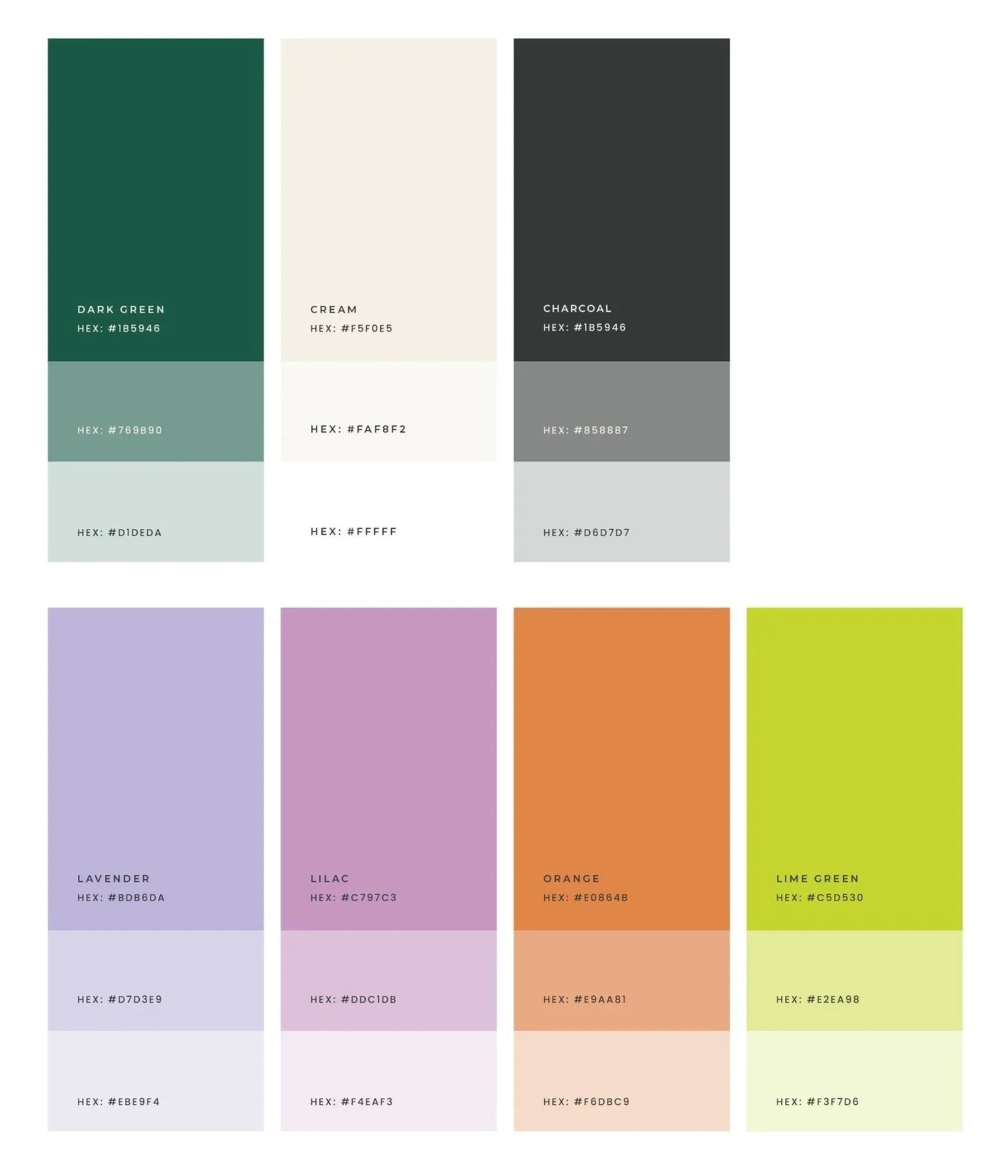 Brands color palette shown in various shades of green, cream, charcoal, lavender, lilac, orange, lime green