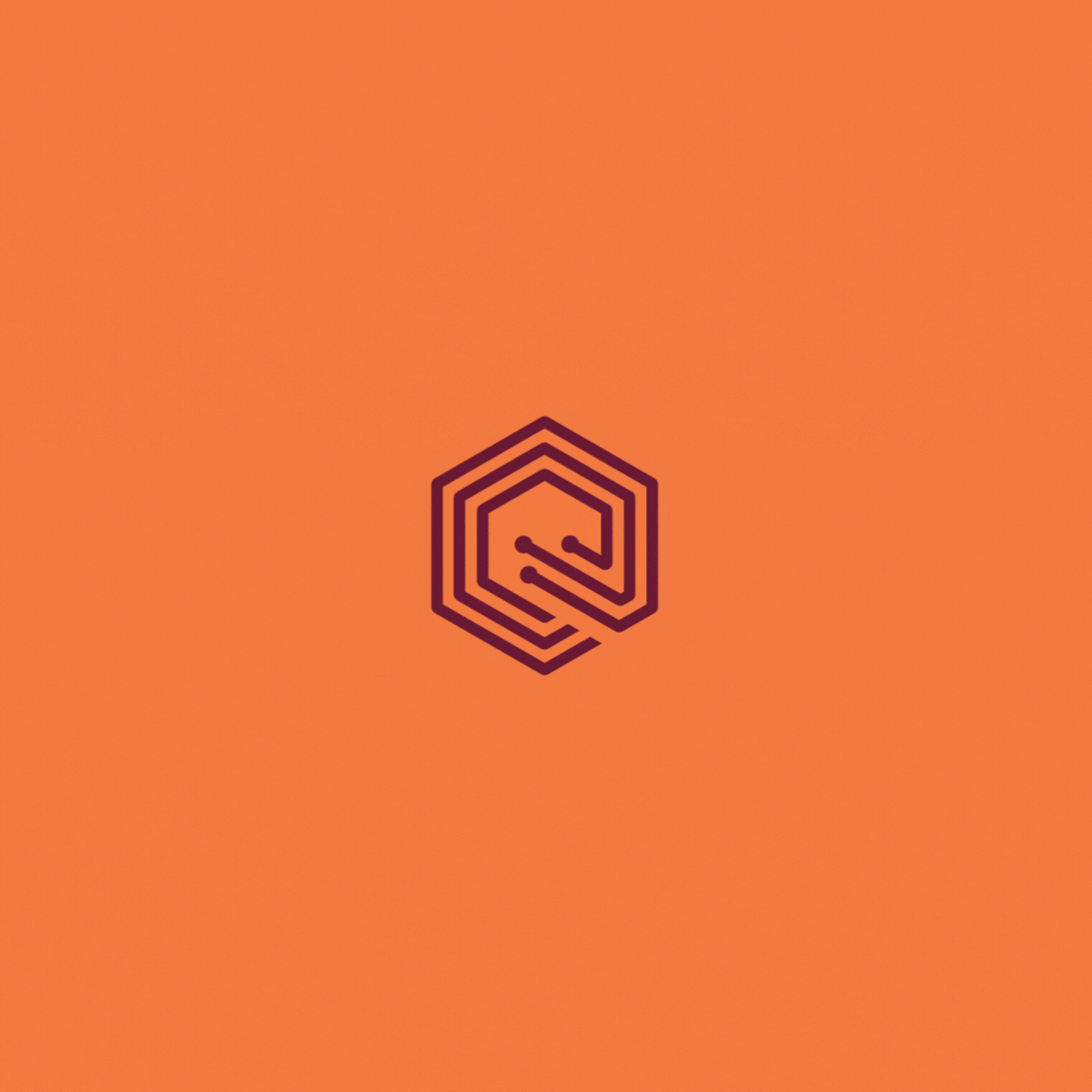 A black geometric logo with hexagon shapes and a stylized letter 'E' centered on an orange background.
