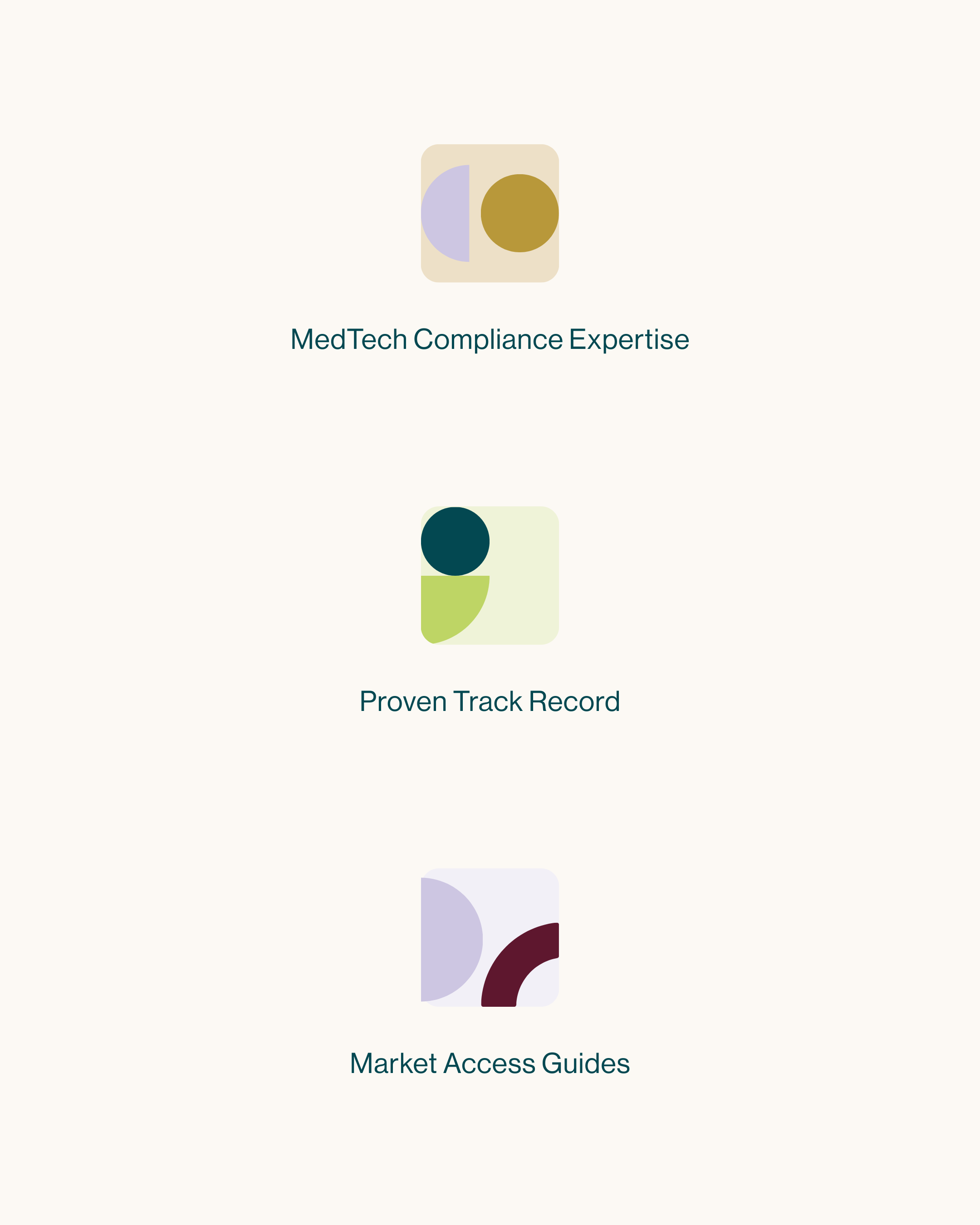 Three icons with accompanying text: 1) a beige square icon with a half circle and a solid circle, labeled 'MedTech Compliance Expertise'; 2) a light green square icon with a dark circle and a partial circle, labeled 'Proven Track Record'; 3) a white square icon with a purple semi-circle and a maroon arc, labeled 'Market Access Guides'.