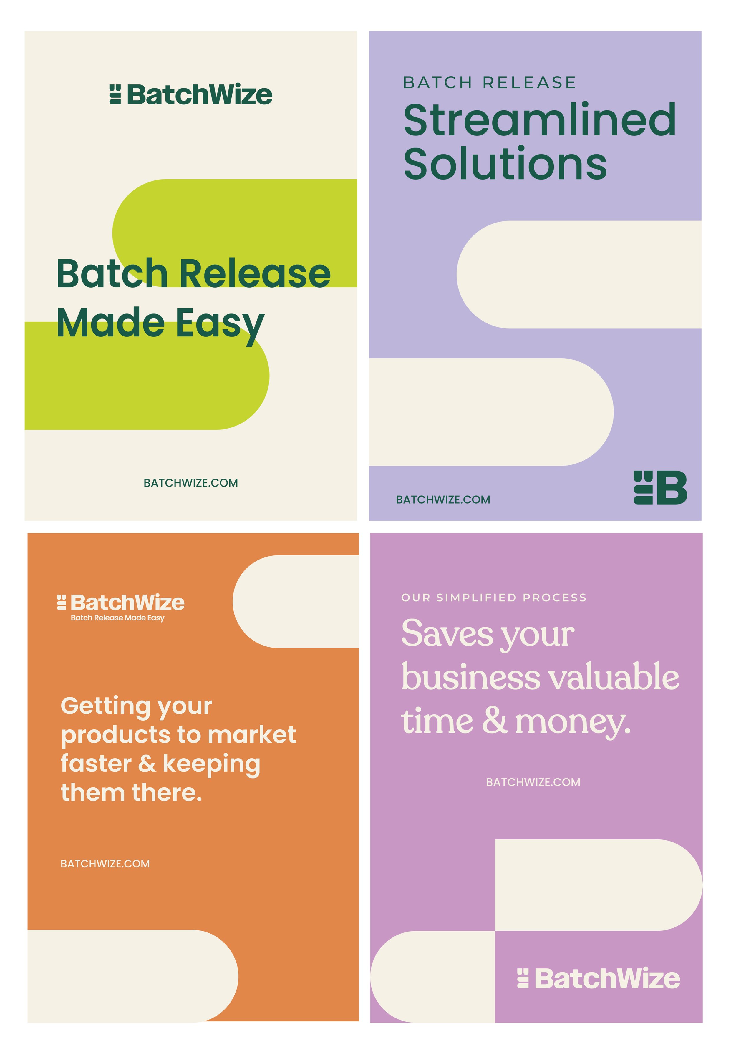 Four posters in a quad grouping reads BatchWize logo and header Batch Release Made Easy, Poster two reads Batch Release Streamlined Solutions with BatchWize.com and the brands brandmark in dark green