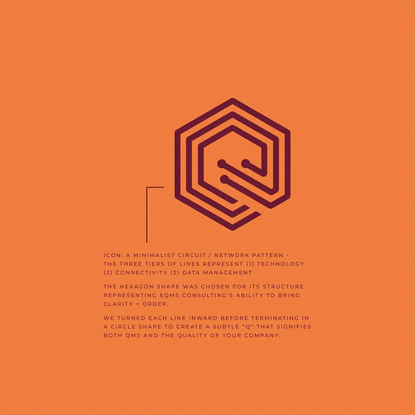 An orange background with a minimalist hexagon circuit/network pattern icon in dark purple. Below the icon, there is text explaining the significance of the design, highlighting its structure representing technology, connectivity, and data management, and describing the design process involving turning lines inward to create a subtle Q shape for quality management systems and company branding.