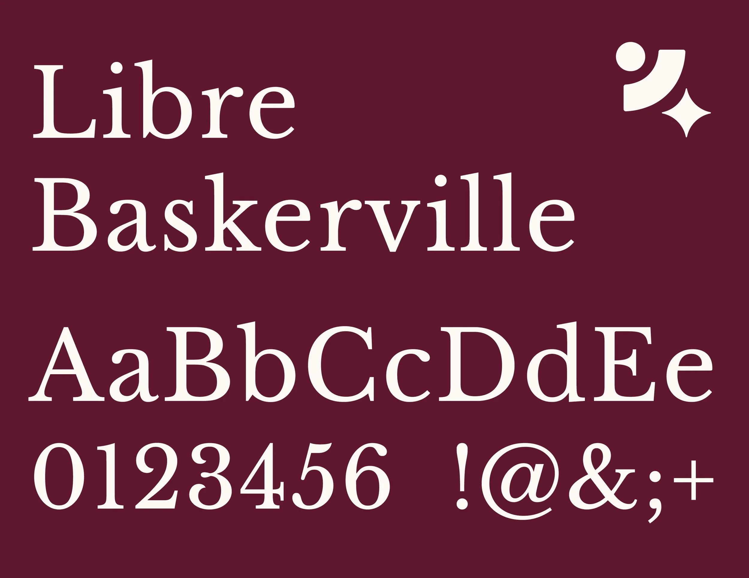 Sample text with the words "Libre Baskerville" font, uppercase and lowercase letters, numbers 0-6, and symbols ! @ & ; + on a maroon background.