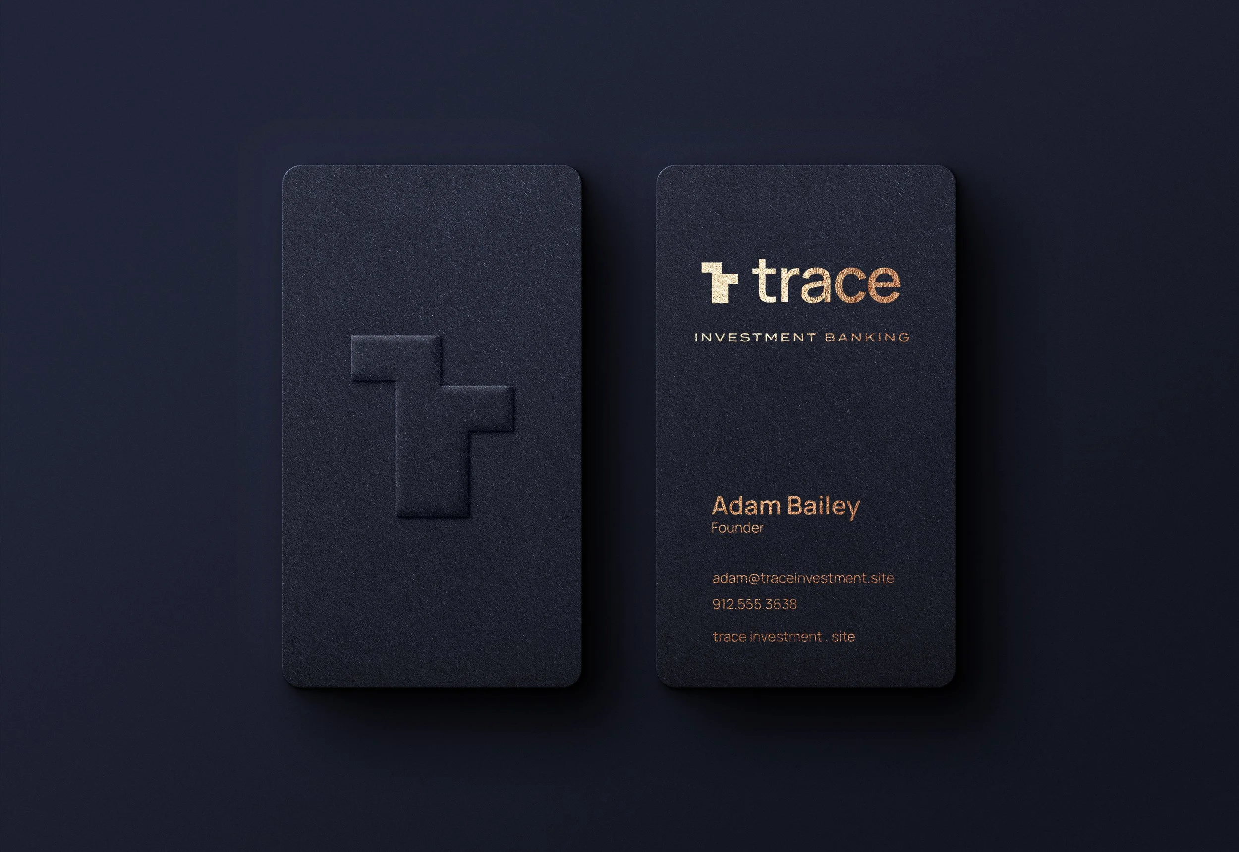 Business cards for trace investment banking, with one showing the name Adam Bailey and contact details on a dark background.
