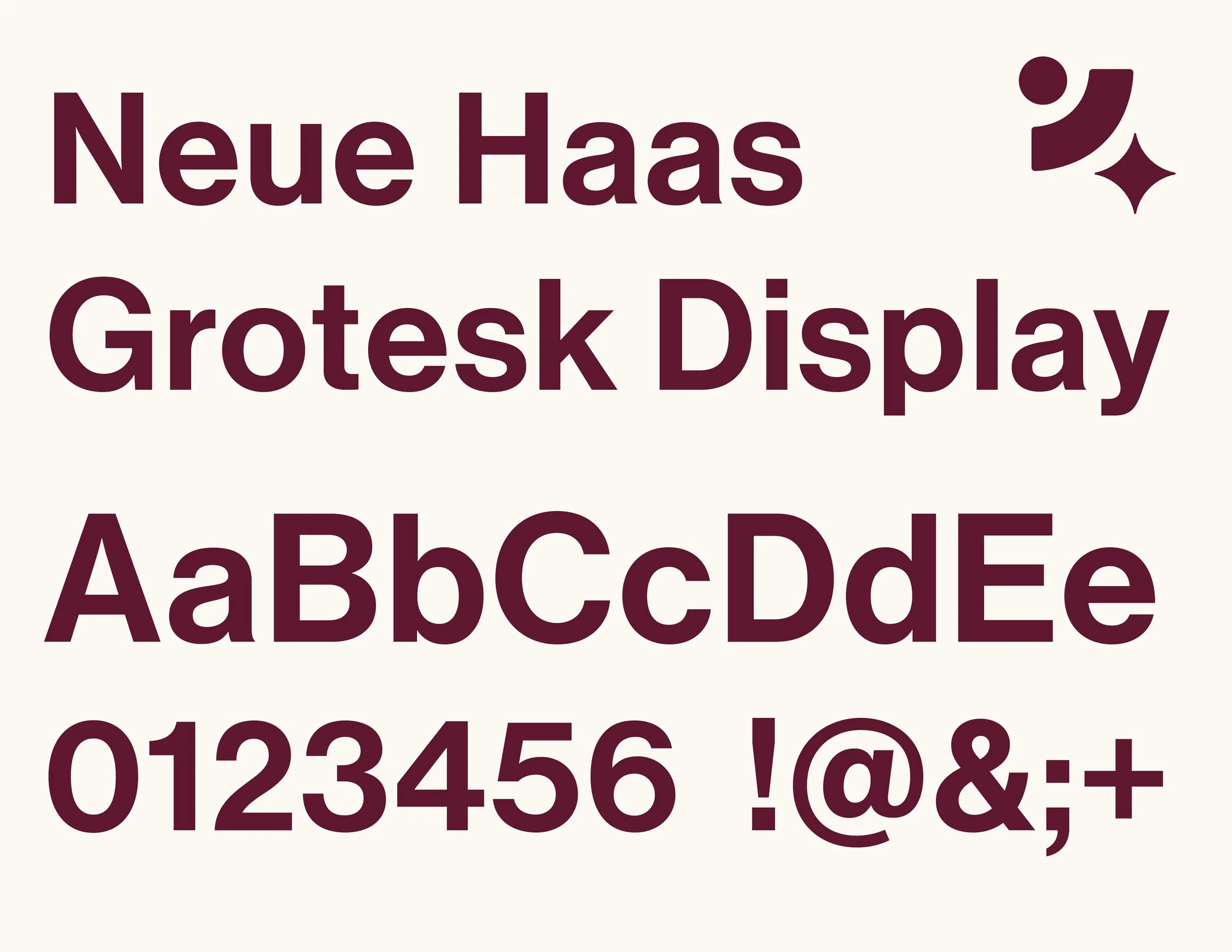 Display of a new grotesque typeface alphabet, numbers, and punctuation symbols on a light background.