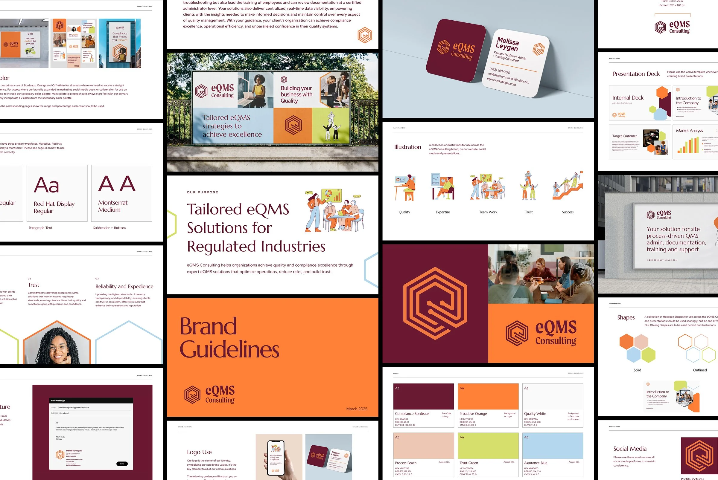 Various presentation slides and branding materials for eQMS Consulting, including brand guidelines, solution descriptions for regulated industries, and sample illustrations, with logos and colorful charts.