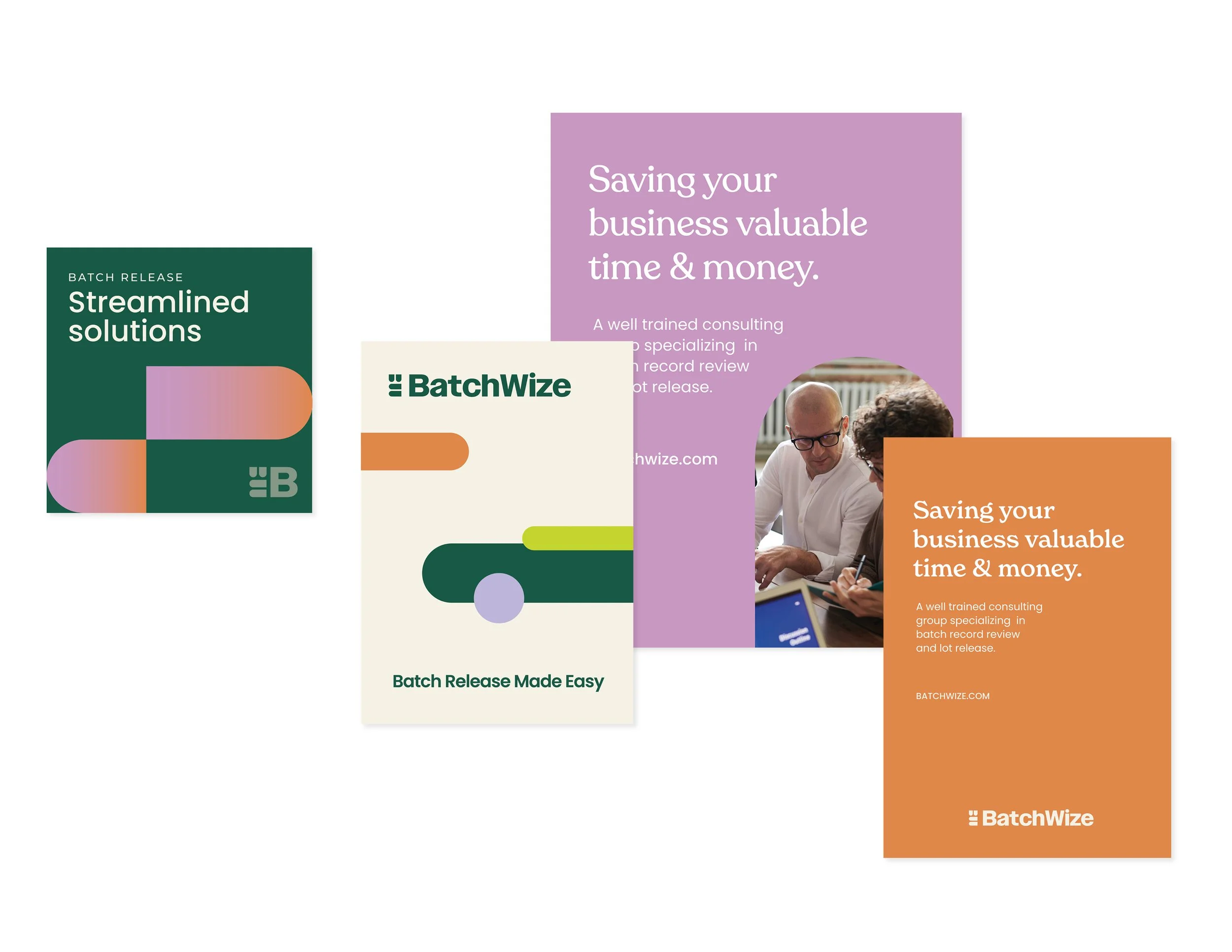 Posters representing BatchWize messaging reads, Saving your business valuable time & money and streamlined solutions.