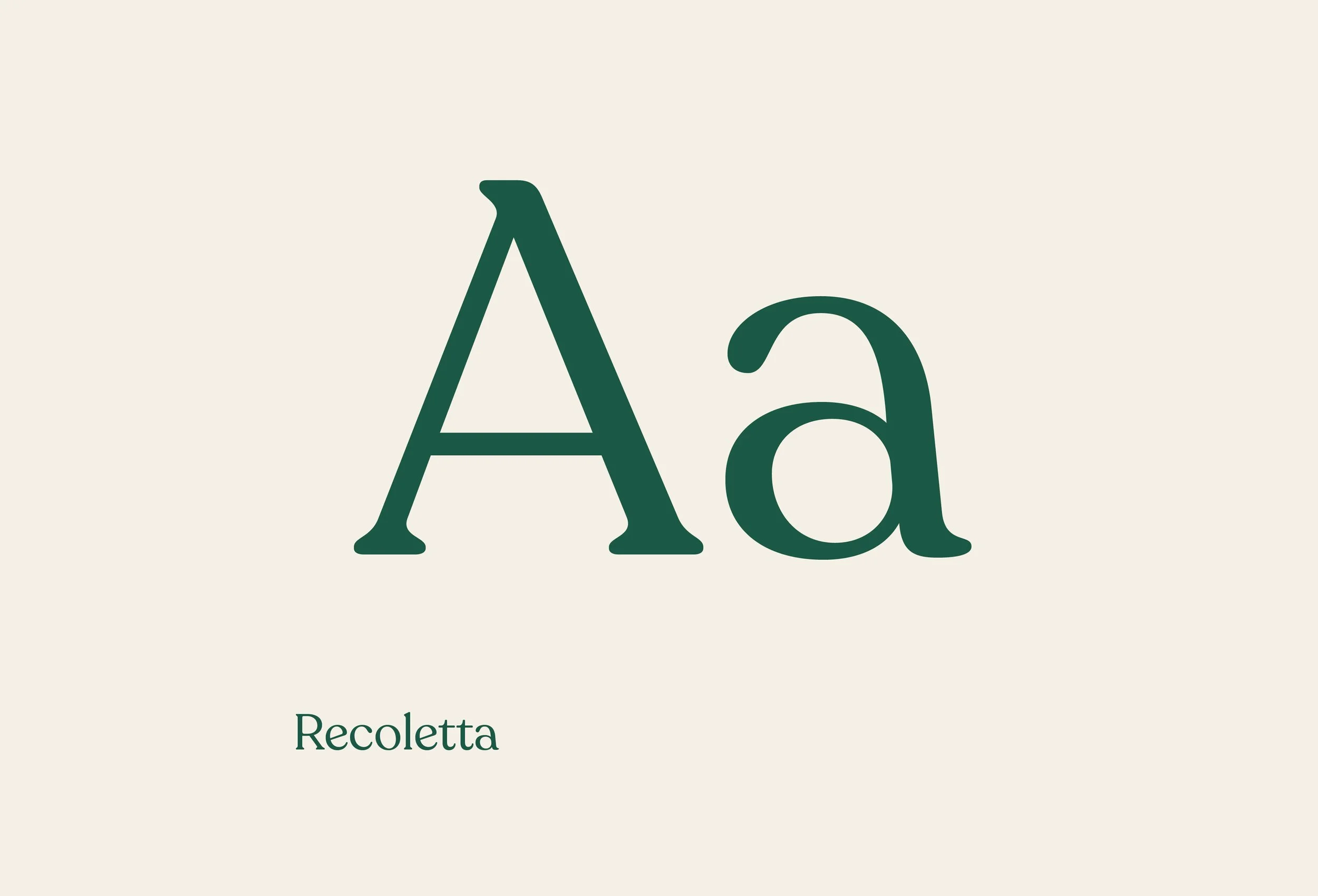Aa letters written in Recoleta font in dark green against a dark cream background