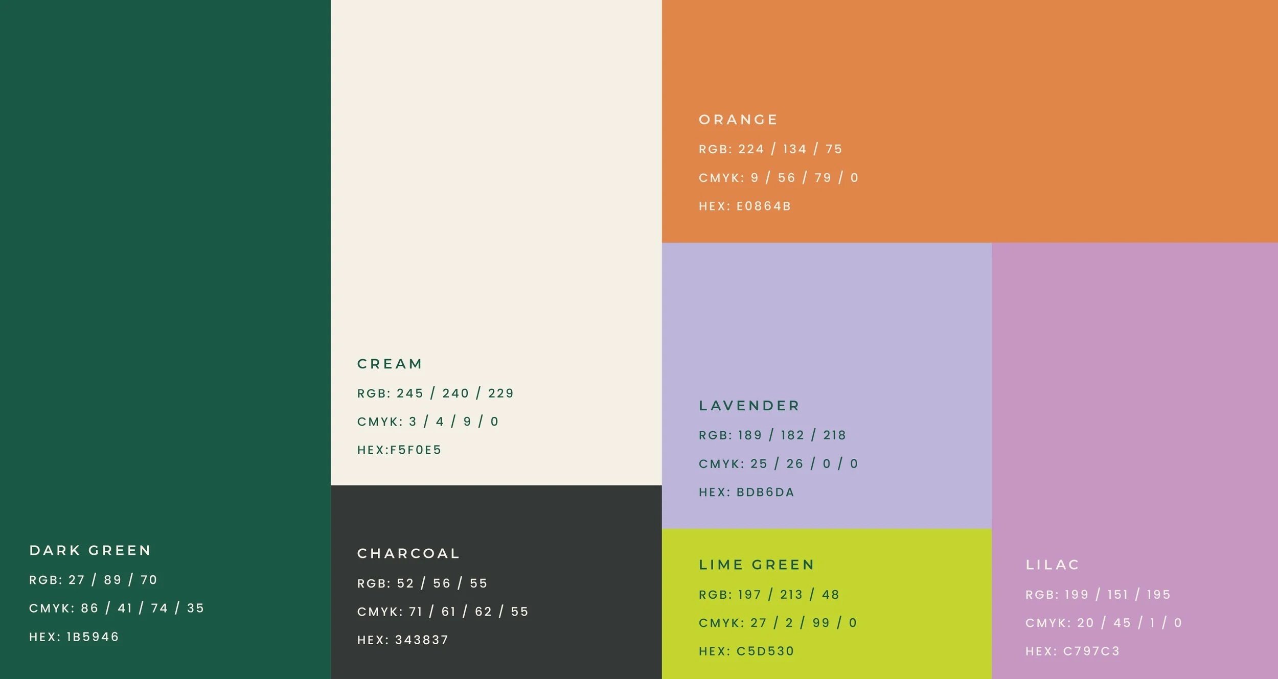 Color palette with colors in green, cream, charcoal, orange, lavender, lime green, and lilac