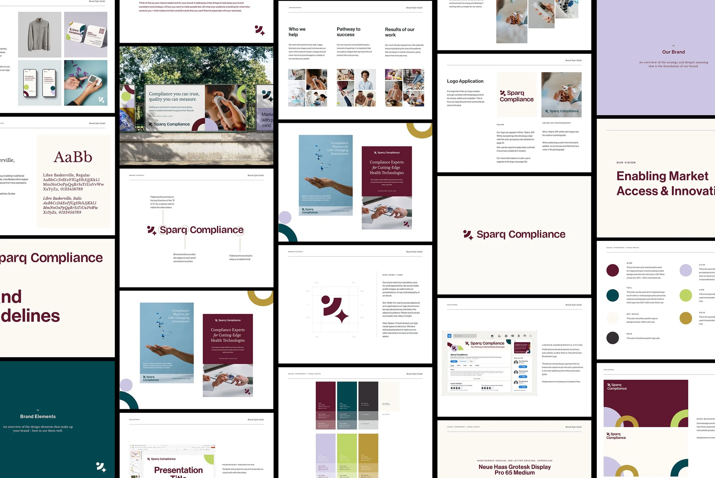 A collage of multiple pages from a brand style guide and promotional materials for Sparq Compliance, including logos, color palettes, fonts, and sample graphics.