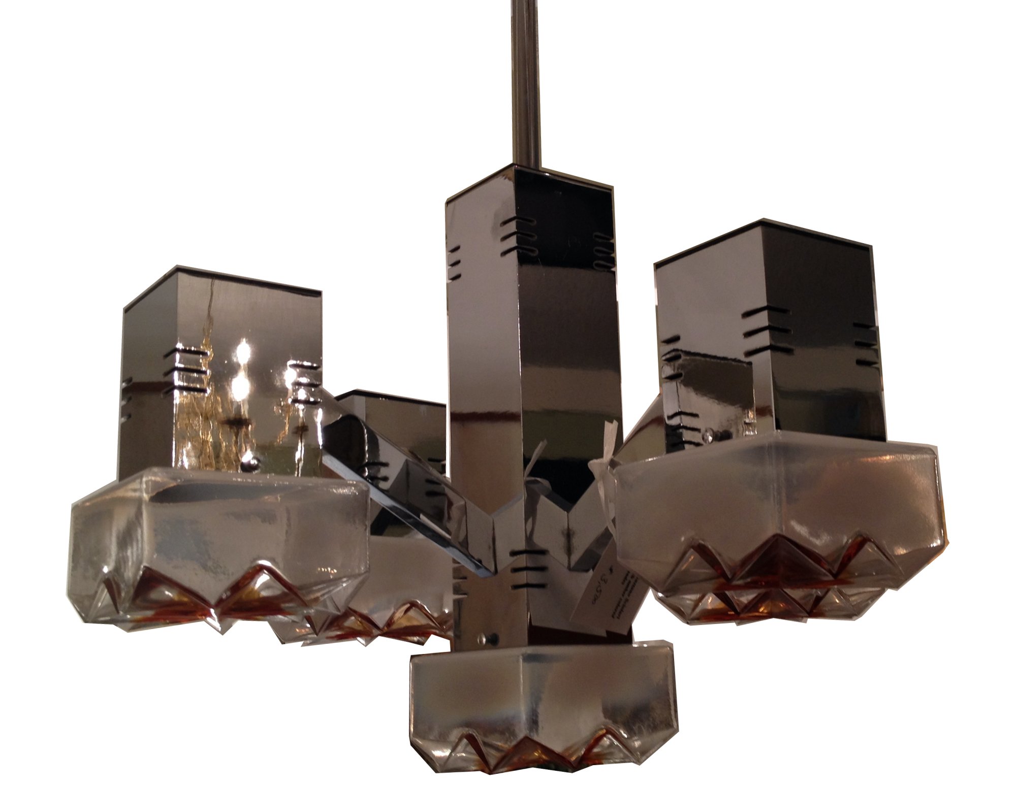 Outstanding Mid Century Gaetano Sciolari chrome Chandelier with amber colored Murano glass shades.
Dimensions: 20"H x 21"Diameter
Price: $2,800