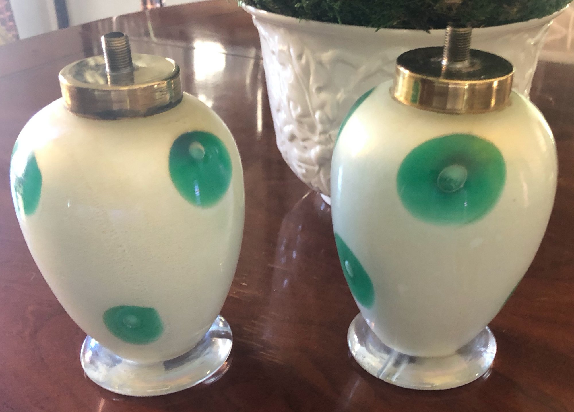 Stunning pair of 1950s Italian Murano glass Venini table lamps original base newly wired. Dimensions: 7” tall by 5" wide Price: $2,900 for pair
