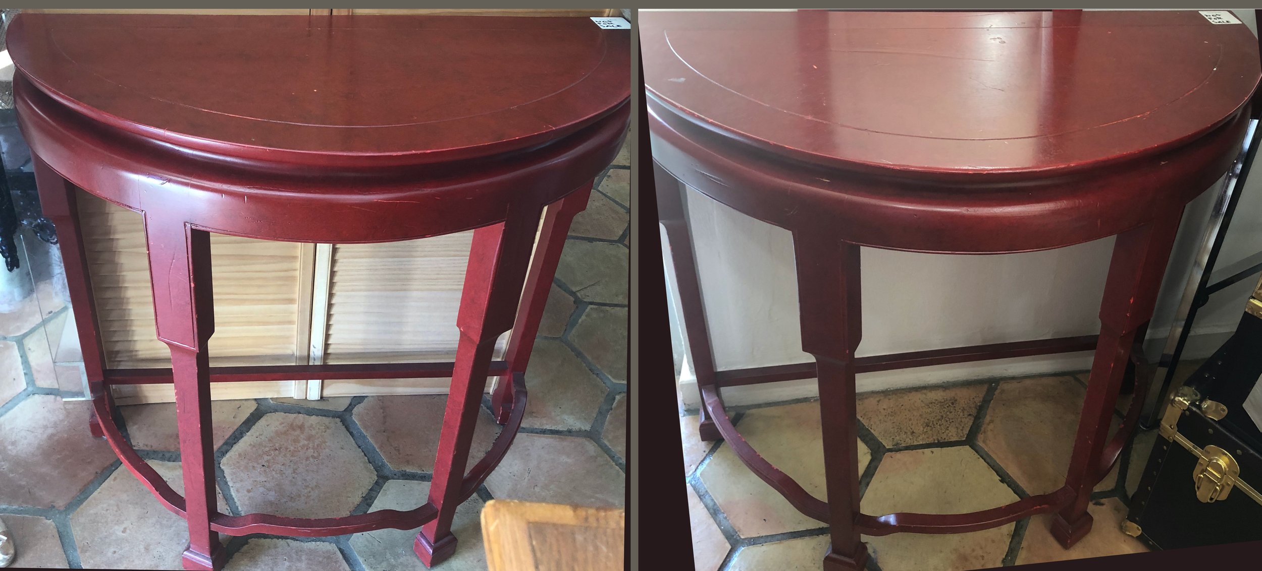 Pair of vintage painted red Asian inspired demilune tables. Dimensions: 36" wide x 35" high x 24" deep
Price: $2,900 pair