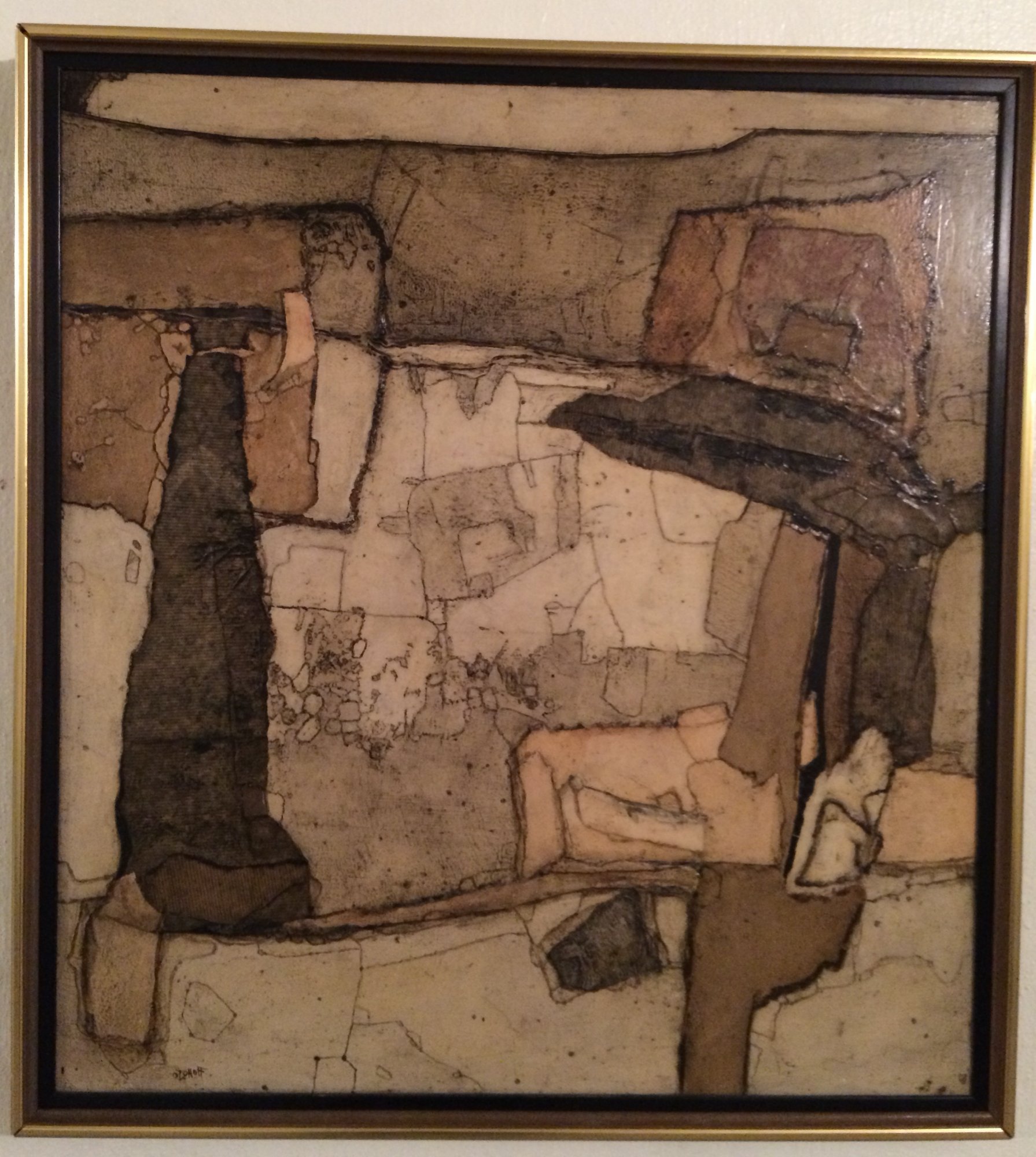 Lovely 1960s oil and collage on canvas signed Ida Ozonoff (1904-2007) Titled " The Ancient Wall"
Dimensions: 22" square
Price: $1,800