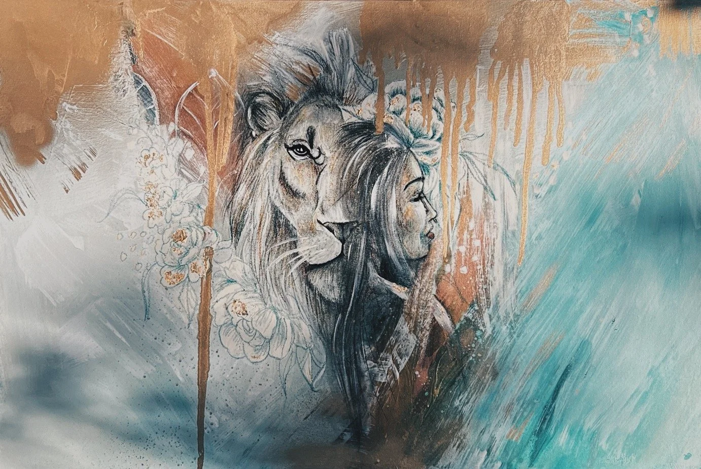 anna linnea rutledge fine art acrylic painting lion and self portrait gold teal white floral growth thriving healing christian faith jesus god holy spirit