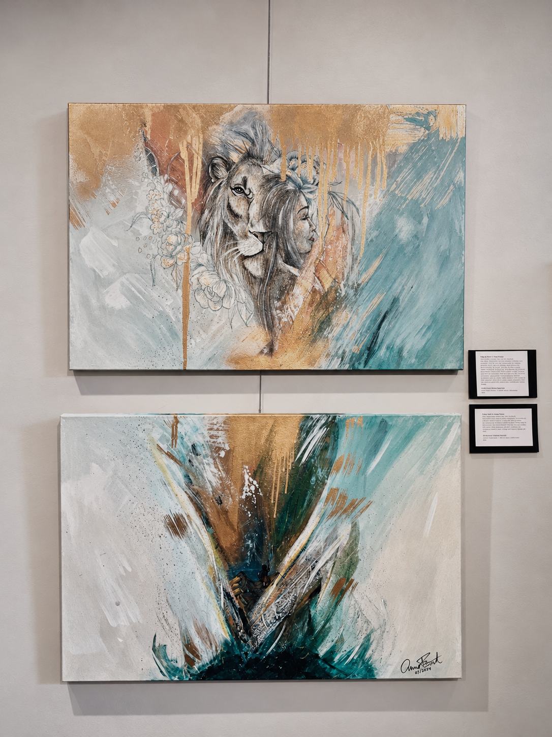 anna linnea rutledge fine art acrylic painting lion and self portrait gold teal white floral growth thriving healing christian faith jesus god holy spirit childhood wounds childhood trauma diptych