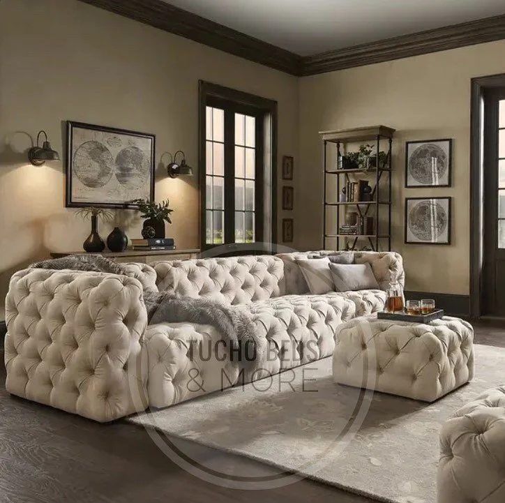 Bring elegant luxury to your living room space by adding beige linen look tufted modular seating.  The seats have striking button tufting and multi-density foam padding encased in bespoke beige linen upholstery to create total comfort.  This collecti