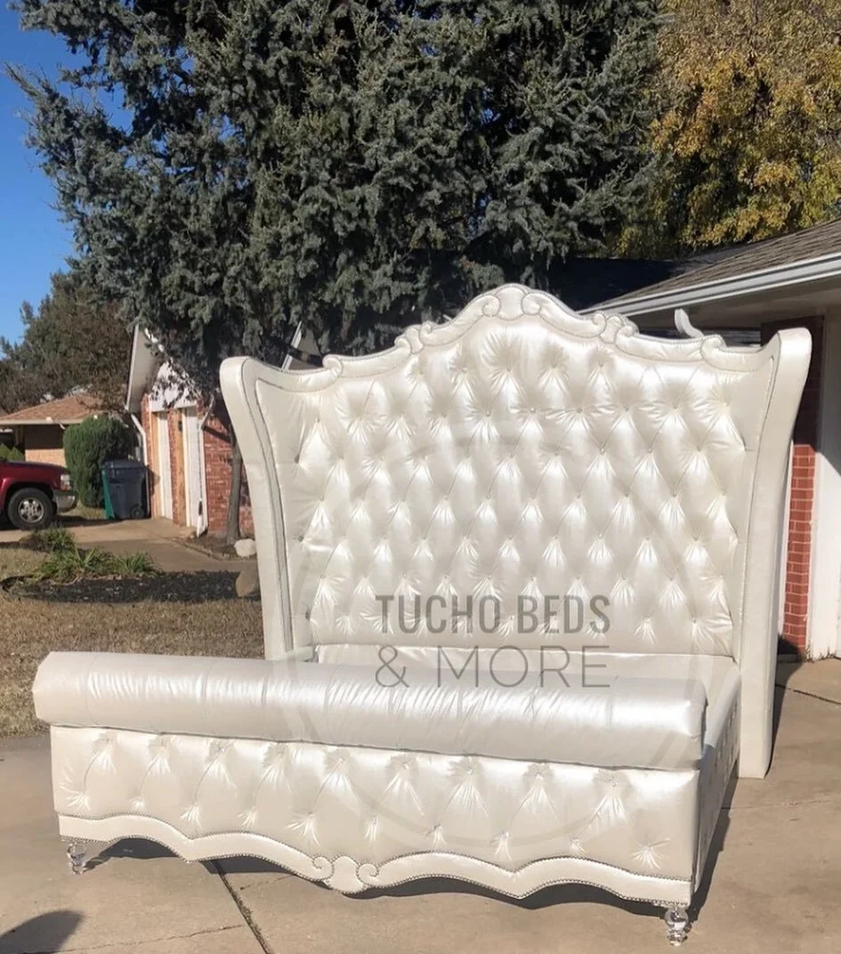 Tall Upholstered Tufted Headboard Curved Glass Glam Diamond Tuft Bed Frame MADE TO ORDER King Size