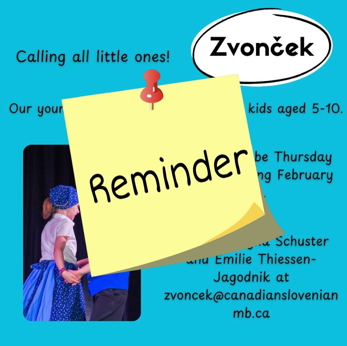 REMINDER that the first Zvonček meeting and practice is Thursday, February 27th at 6:15 pm. The date and time has changed since our last post. Bring your little ones down to 95 MacDonald Avenue then!