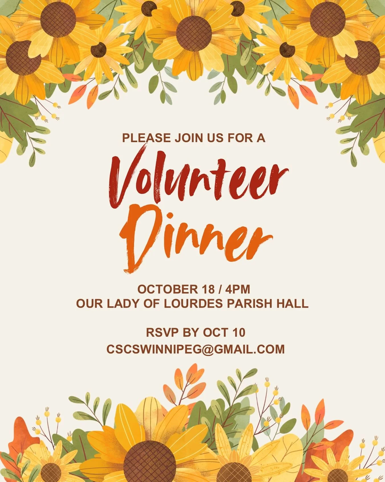If you've volunteered with us in the past year, please join us for our annual Folklorama Volunteer Dinner at 95 Macdonald Avenue! Please RSVP by October 10th to cscswinnipeg@gmail.com