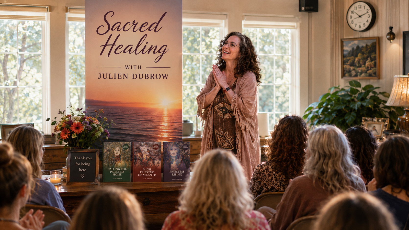 Julien DuBrow is speaking to a group of women healing from cancer about sacred healing traditions.