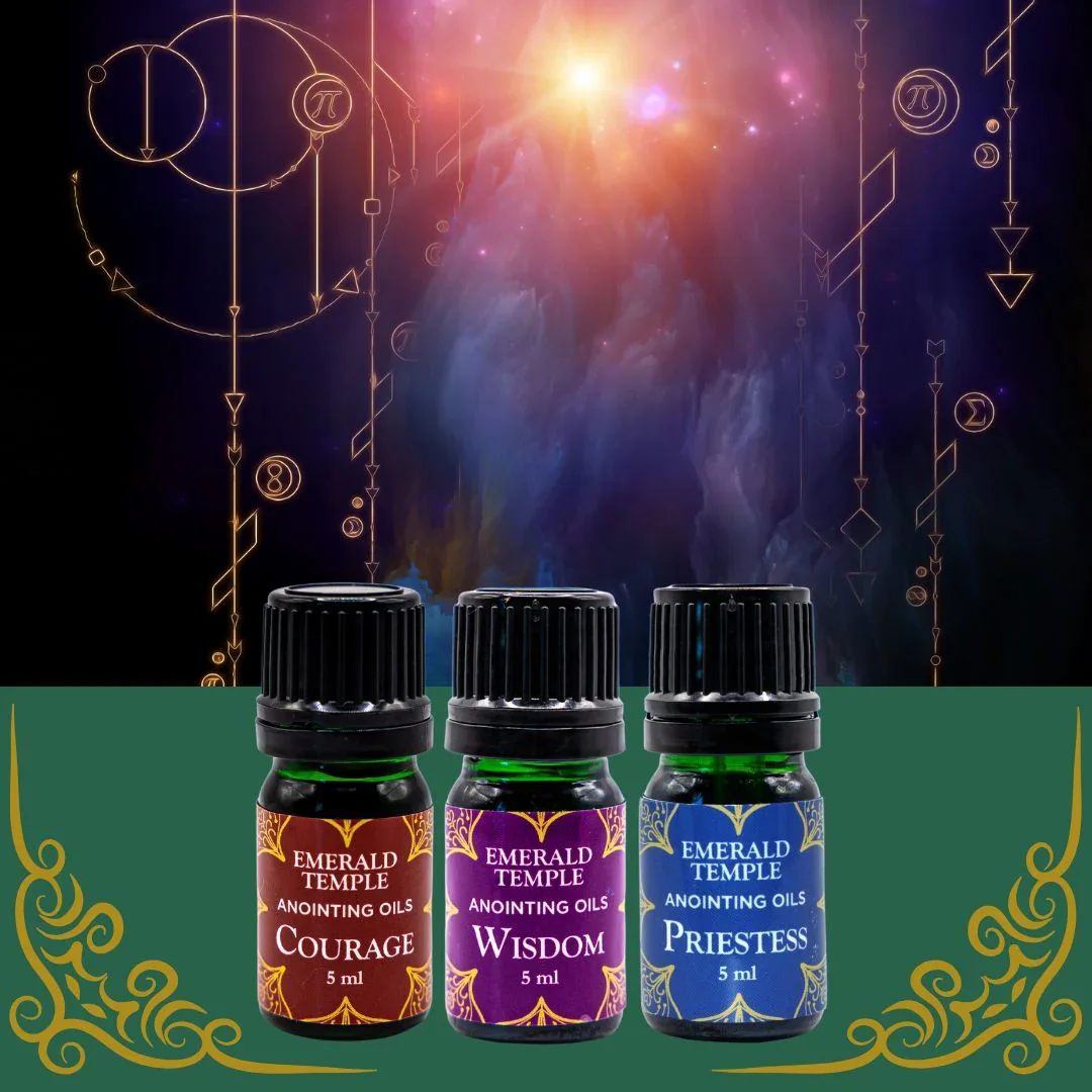 Three bottles of anointing oils labeled Courage, Wisdom, and Priestess from Emerald Temple, set against a mystical, cosmic background with glowing geometric and planetary symbols.