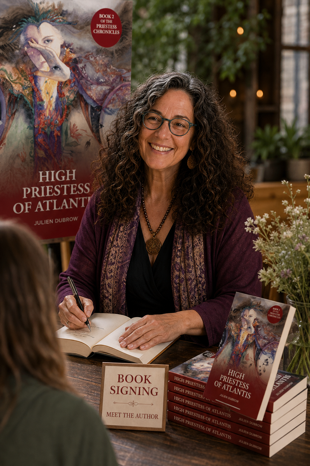 Julien DuBrow. Book signing. There is a sign on the table that says "Book Signing" and stacks of her book along with a large poster of the book cover behind her. The background includes potted plants and fairy lights.