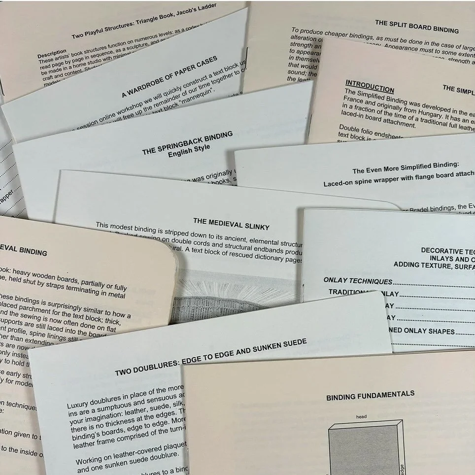 As I approach thirty years in the book arts I am making my workshop handouts available for free download. https://karenhanmer.com/handouts

This collection includes instructions on thirty one topics across six categories:

Historical Structures and T