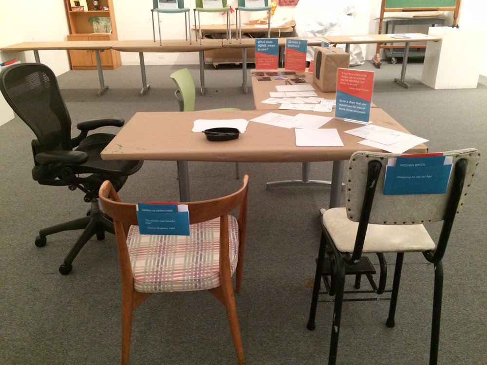   In this prototype exhibit for an exhibition on “home,” visitors sat in different types of chairs and wrote postcards about their experiences of home.&nbsp;&nbsp;&nbsp;  