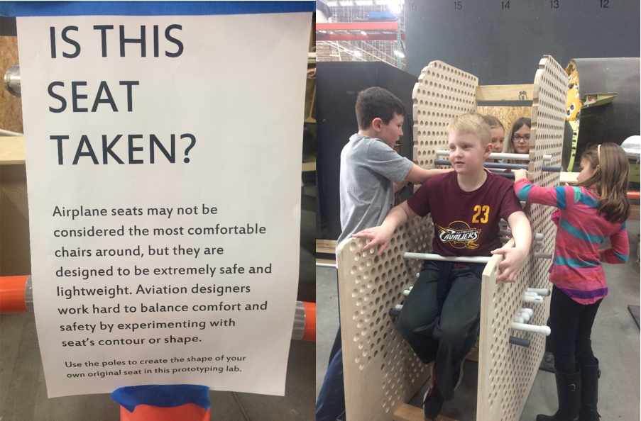   Students try out a prototyping of an exhibit about airplane seat design for an aviation exhibition.&nbsp;&nbsp;  