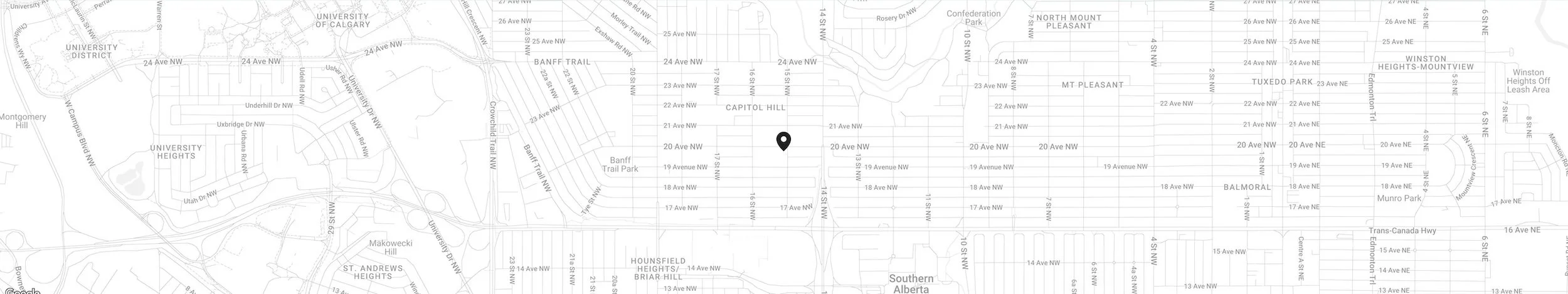 Map of northwest Calgary showing neighborhoods and streets, with a black marker at 19 Avenue NW near 16 Street NW.