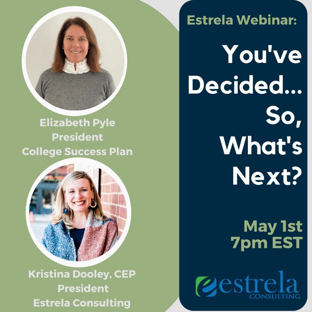 Don't miss our President, Elizabeth speaking with Kristina Dooley from @estrela_consulting tomorrow at 7pm EST. 

Parents, students, school counselors and IECs are welcome to attend. A recording will be sent to all who register but are unable to atte