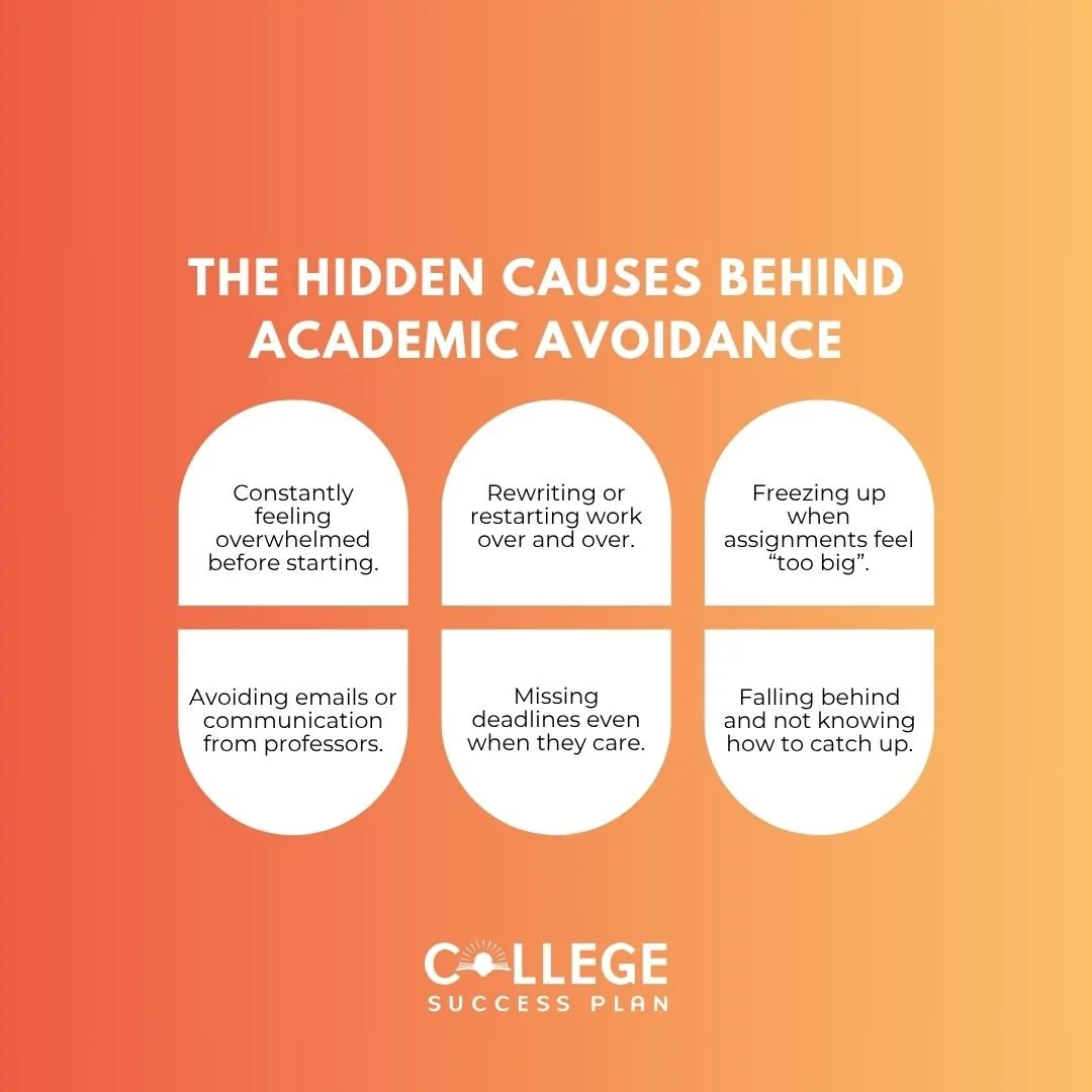 Avoidance can quietly derail a student&rsquo;s progress, not because they don&rsquo;t care, but because the process feels unmanageable. 

Our supportive coaching gives students space to unpack what&rsquo;s underneath and develop real tools to stay en