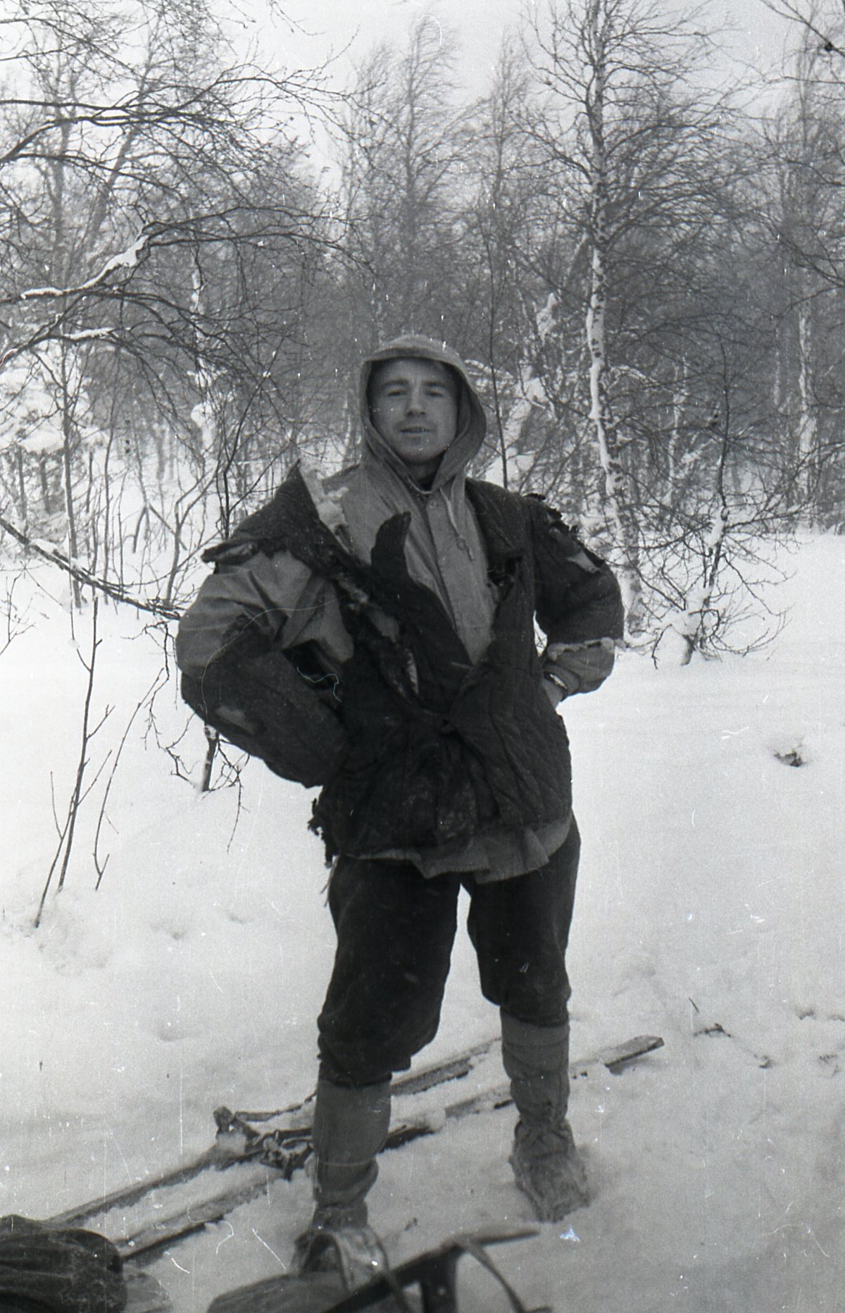 Morning, Rustem Slobodin posing for a photo in Krivonischenko's burnt quilted jacket.