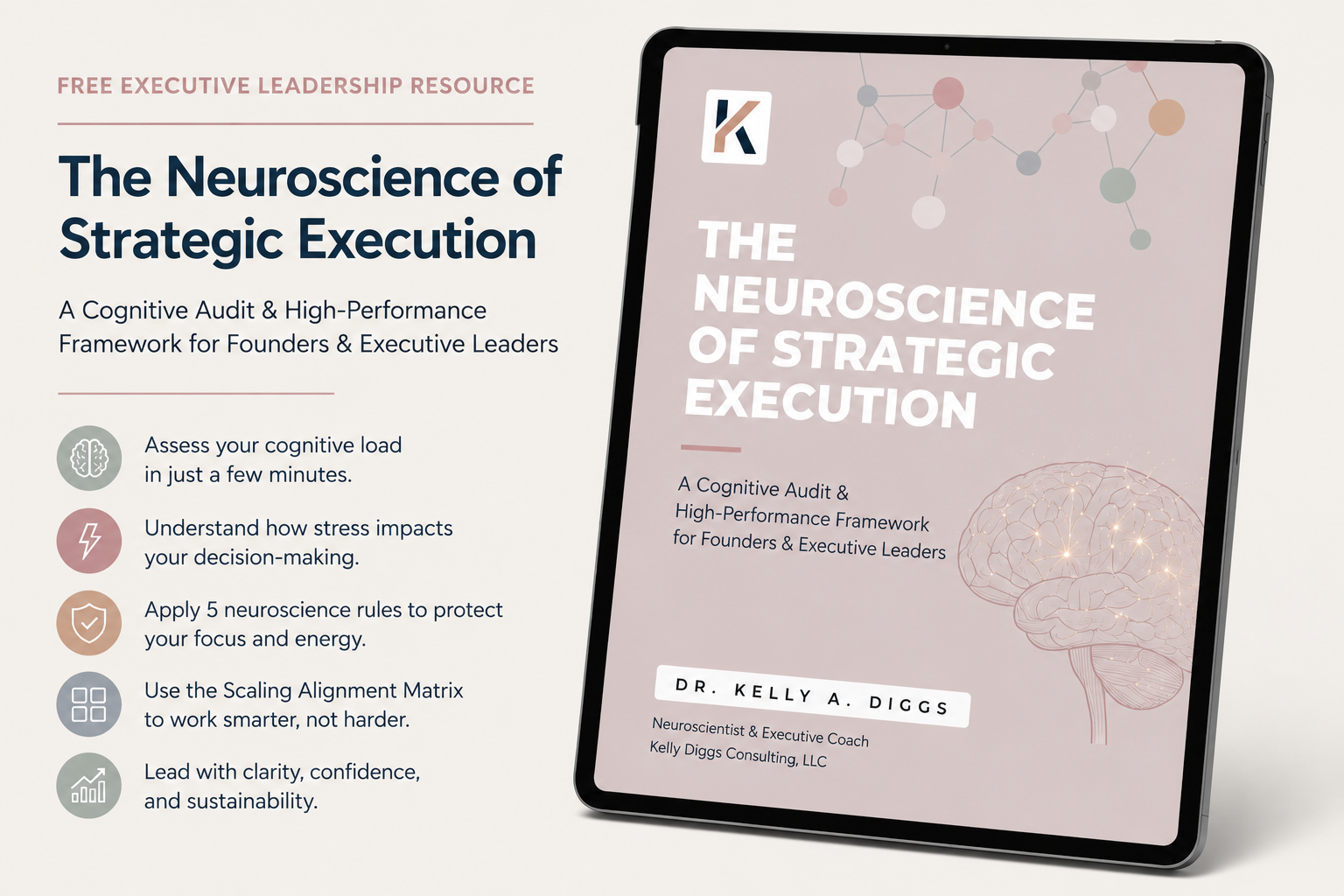 The Neuroscience of Strategic Execution ebook highlights. Assess your cognitive load in just a few minutes. Understand how stress impacts your decision making. Apply 5 neuroscience rules to protect your focus and energy. The scaling Alignment matrix.