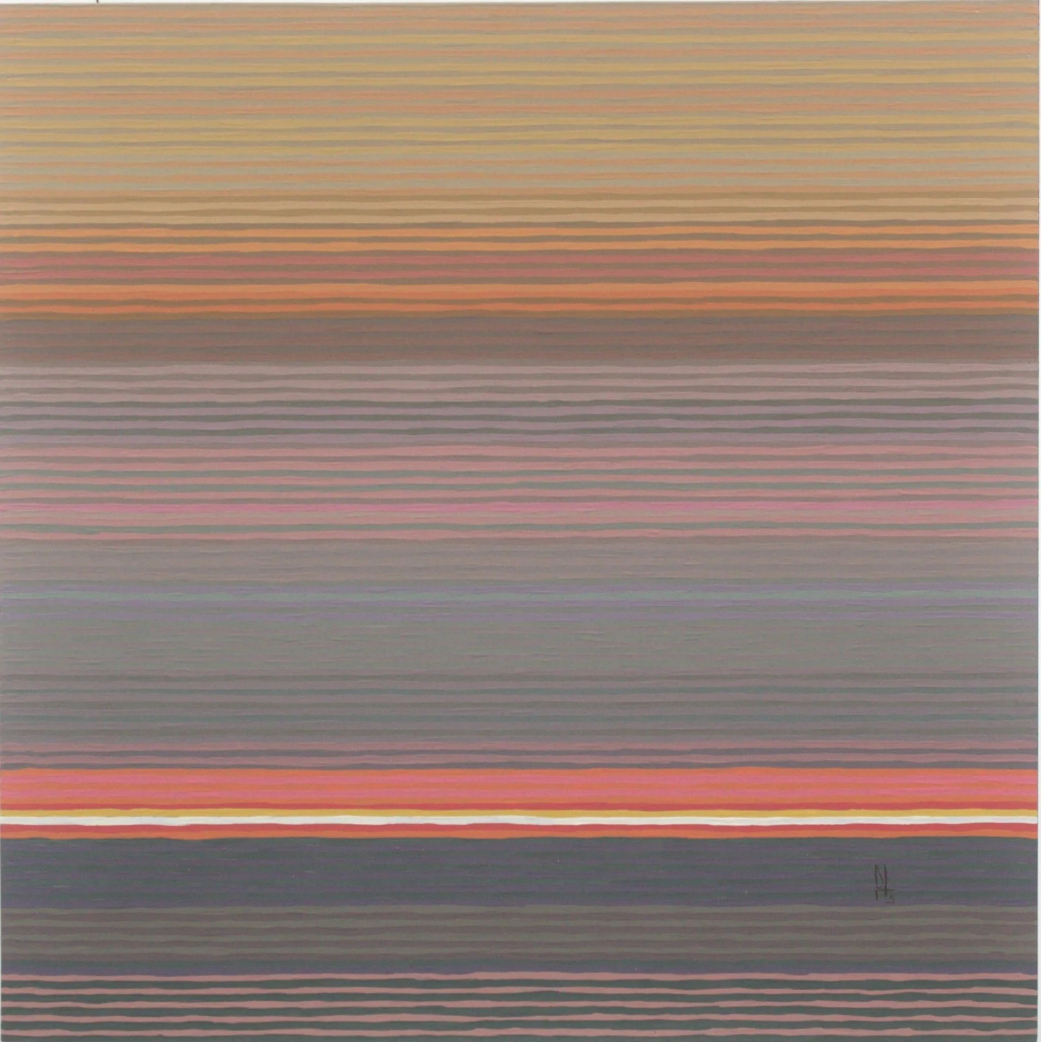 Abstract art piece by Benjamin Turley with horizontal lines of warm color on white background