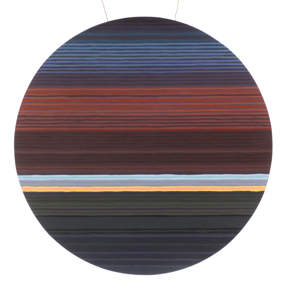 Abstract round art piece by Benjamin Turley with horizontal lines of warm and cool color on white background